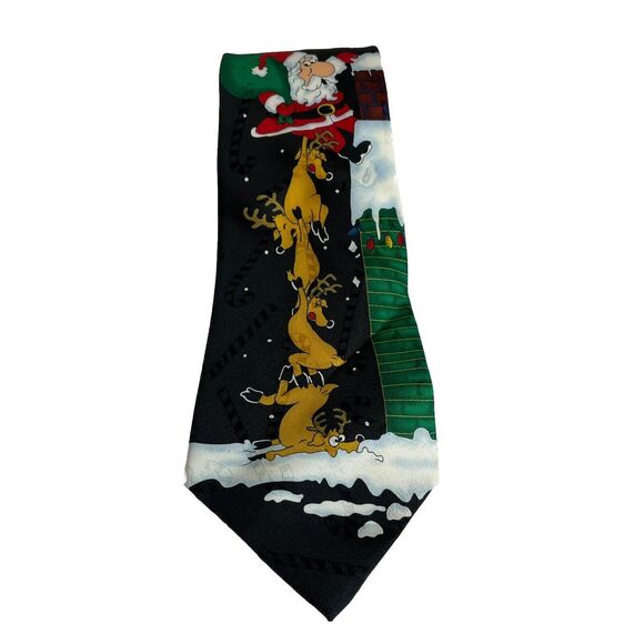 Yule Tie Greetings Hallmark Tie 100% Silk Santa Reindeer Chimney Multicolor - Picture 1 of 6
